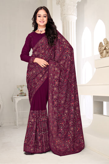 FBSR-671 Stunning Kashmiri Saree with Gold Stones & Paisley Embroidery