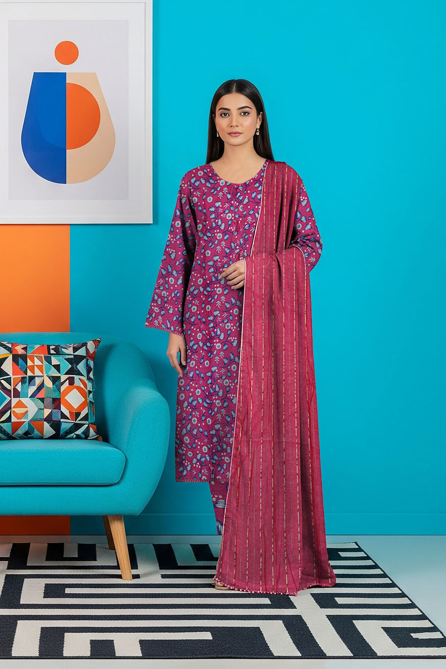 LS-2858.               Ready-to-Wear Polo Linen Pakistani Suit - Powder Pink Floral
