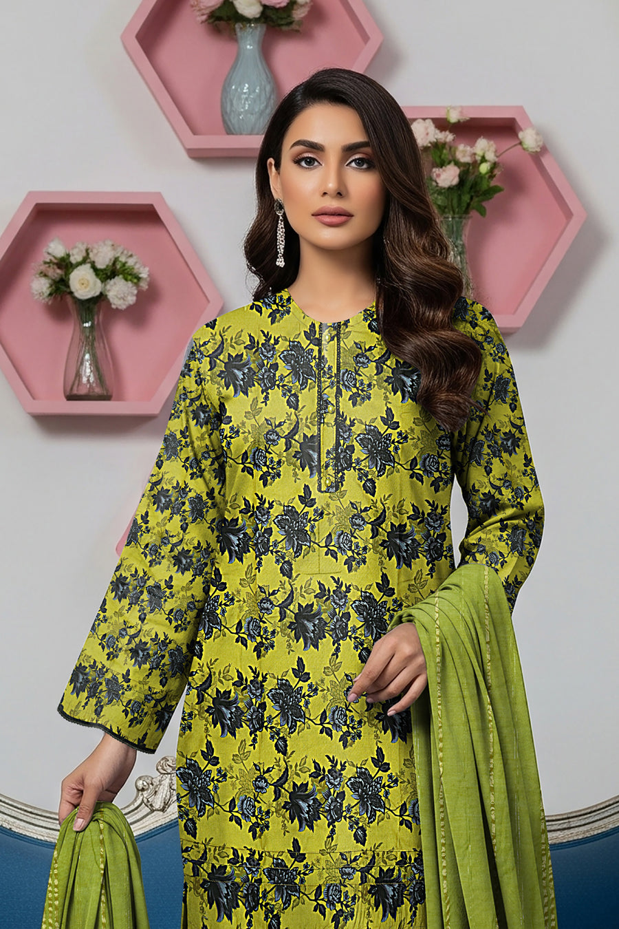 LS-2847.              Ready-to-Wear Polo Linen Pakistani Suit - Chartreuse Green