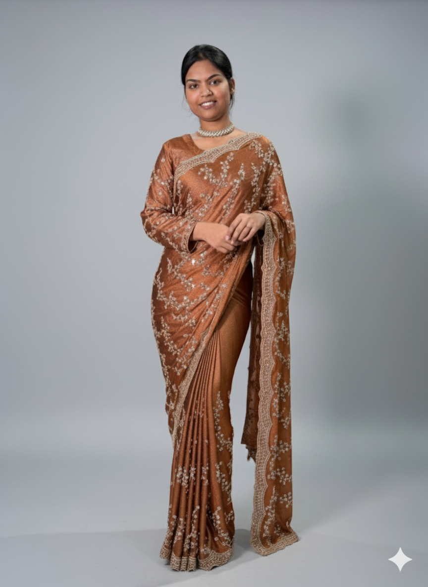 FBSR-LUX-01 Luxury Hand-Embroidered Shimmer Chiffon Saree | Resham, Zari, Sequins & Beads