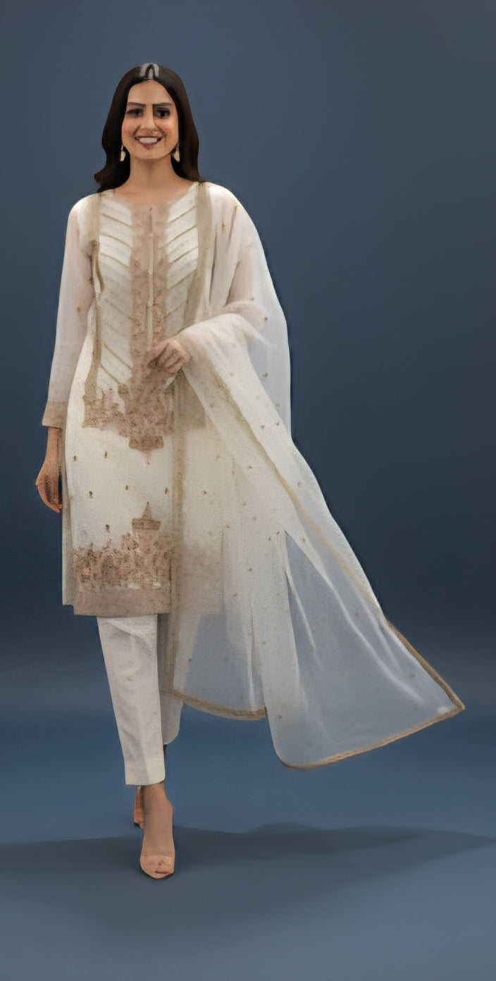 LS-2191 Premium Organza 3-Piece Suit | Ivory Embroidered Ready-to-Wear by FABEHA FASHION