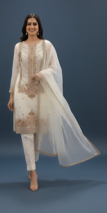 LS-2191 Premium Organza 3-Piece Suit | Ivory Embroidered Ready-to-Wear by FABEHA FASHION
