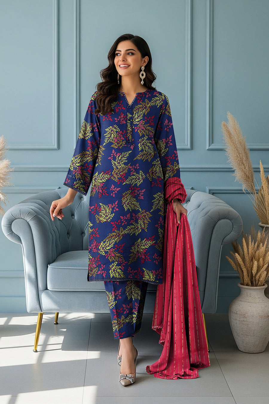 LS-2863        Ready-to-Wear Polo Linen Pakistani Suit - Midnight Floral