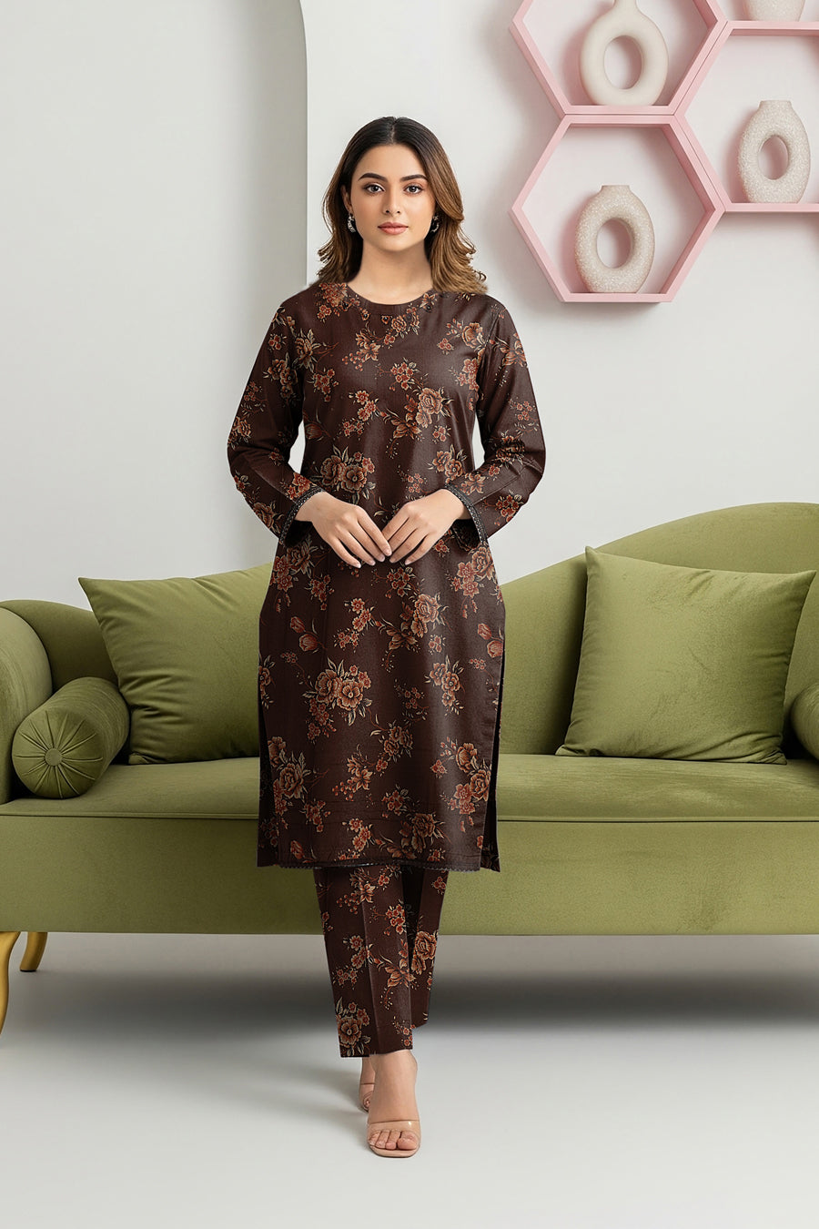 LS-2903 Premium Winter Dhanak 2-Piece | Ready to Wear |Co-ord Set |Espresso Floral Digital Print