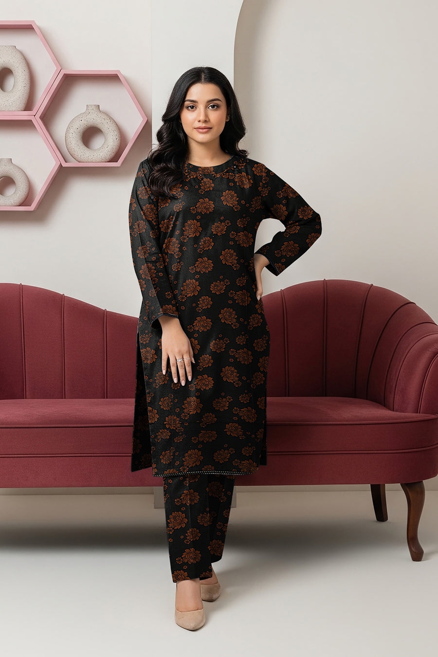 LS-2907 Premium Winter Dhanak 2-Piece|Ready to Wear| Co-ord Set|Black&Sepia Brown Digital Print