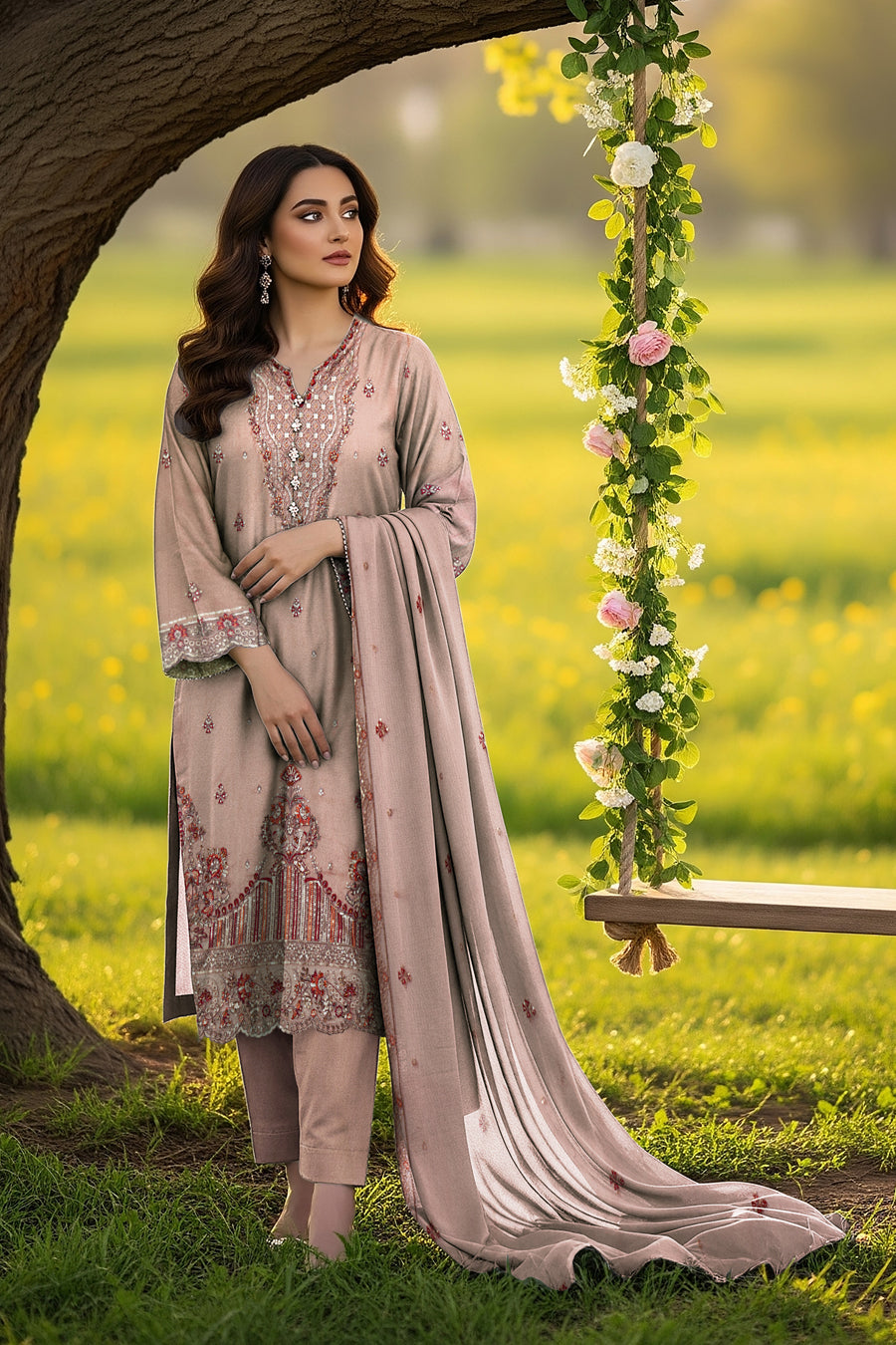 LS-2859 Ready-to-Wear Premium Hand Embroidered Suit - Champagne Gold