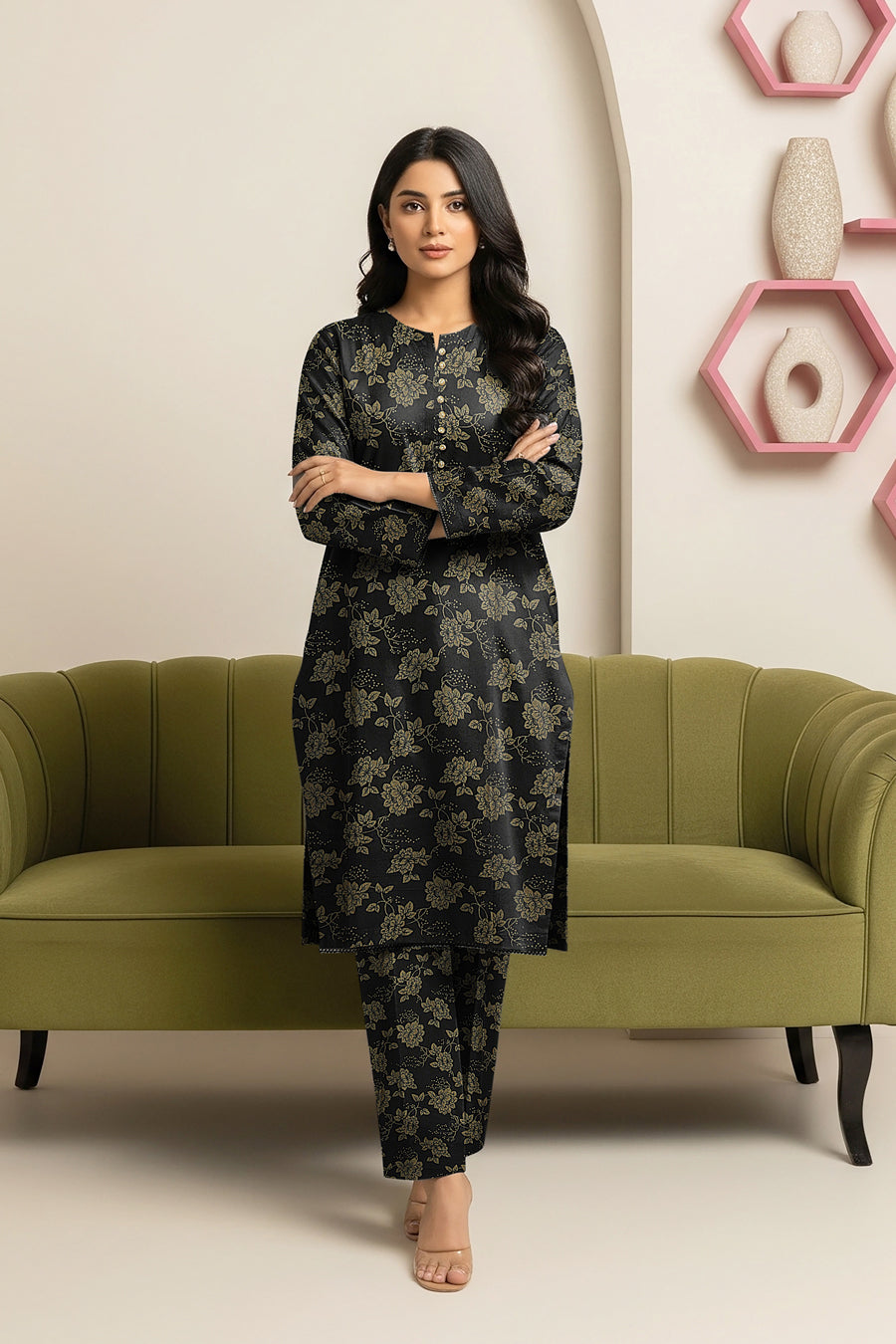 LS-2898 Premium Winter Dhanak 2 Piece| Ready to Wear | Co-ord Set | Black &Gold Digital Print