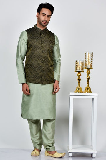 FBJK-32 Men’s Military Green Paisley Jacquard Waistcoat | Tailored Fit Stand Collar Formal Waistcoat