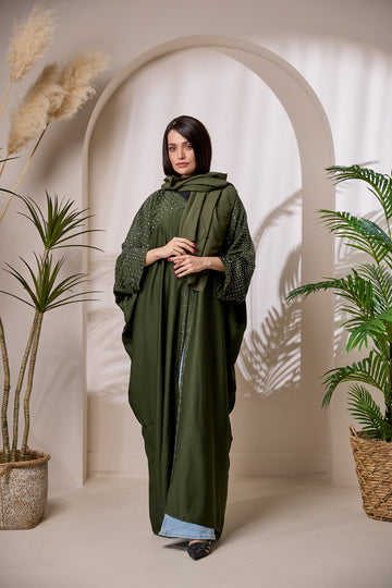 KAAT025 Celestial Sparkle Open Abaya 2-Piece Set | Luxury Satin Crystal Embellishment