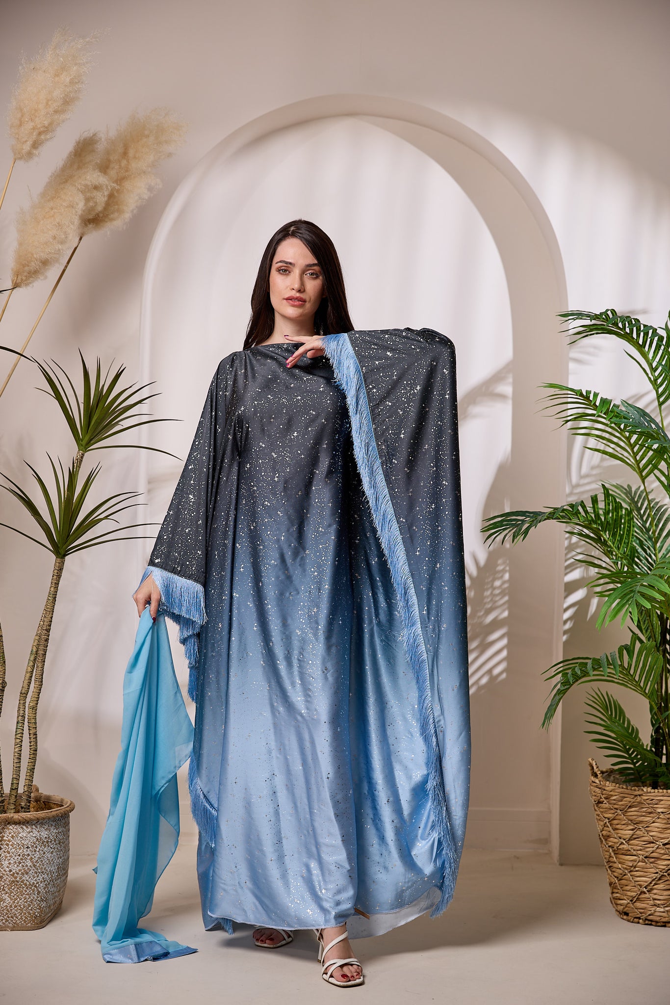 KAAT021 Cosmic Fringe Kaftan Abaya Ombré Gradient 2-Piece Set | KAAT LDN