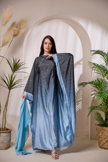 KAAT021 Cosmic Fringe Kaftan Abaya Ombré Gradient 2-Piece Set | KAAT LDN