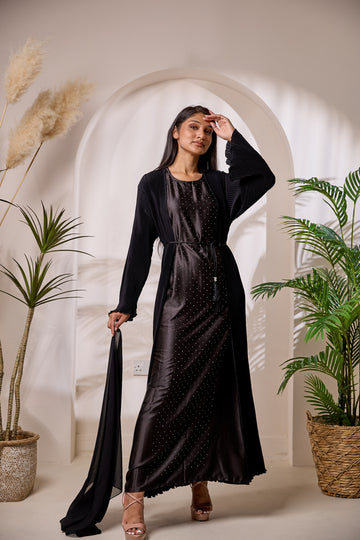 KAAT014 Midnight Pleat Open Abaya Set with Dotted Satin Slip | KAAT LDN