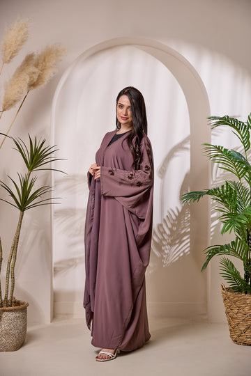 KAAT026    Artisan Appliqué Open Abaya 2-Piece Set with Crystal Embellishment | Luxury Modest Wear