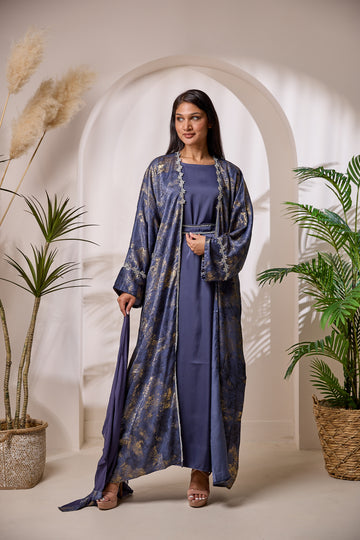 KAAT013 Luxe Marble Open Abaya Set with Inner Dress | KAAT LDN