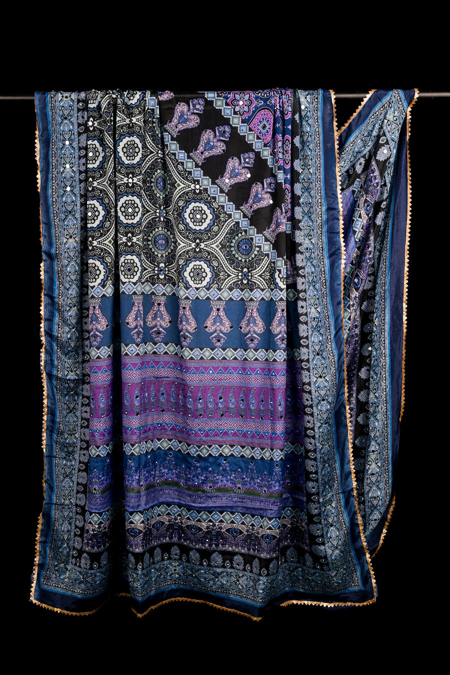FBDUP-31 Chinnon Dupatta with Digital Print, Stone & Mirror Work, and Lace Border