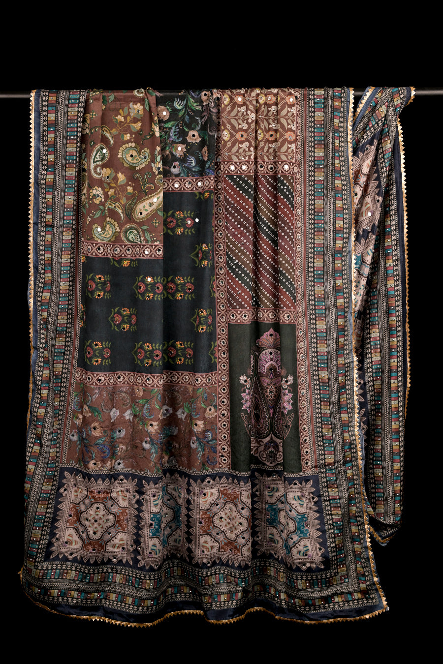 FBDUP-32 Chinnon Dupatta with Digital Print, Stone & Mirror Work and Lace Border