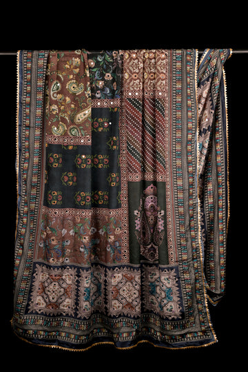 FBDUP-32 Chinnon Dupatta with Digital Print, Stone & Mirror Work and Lace Border