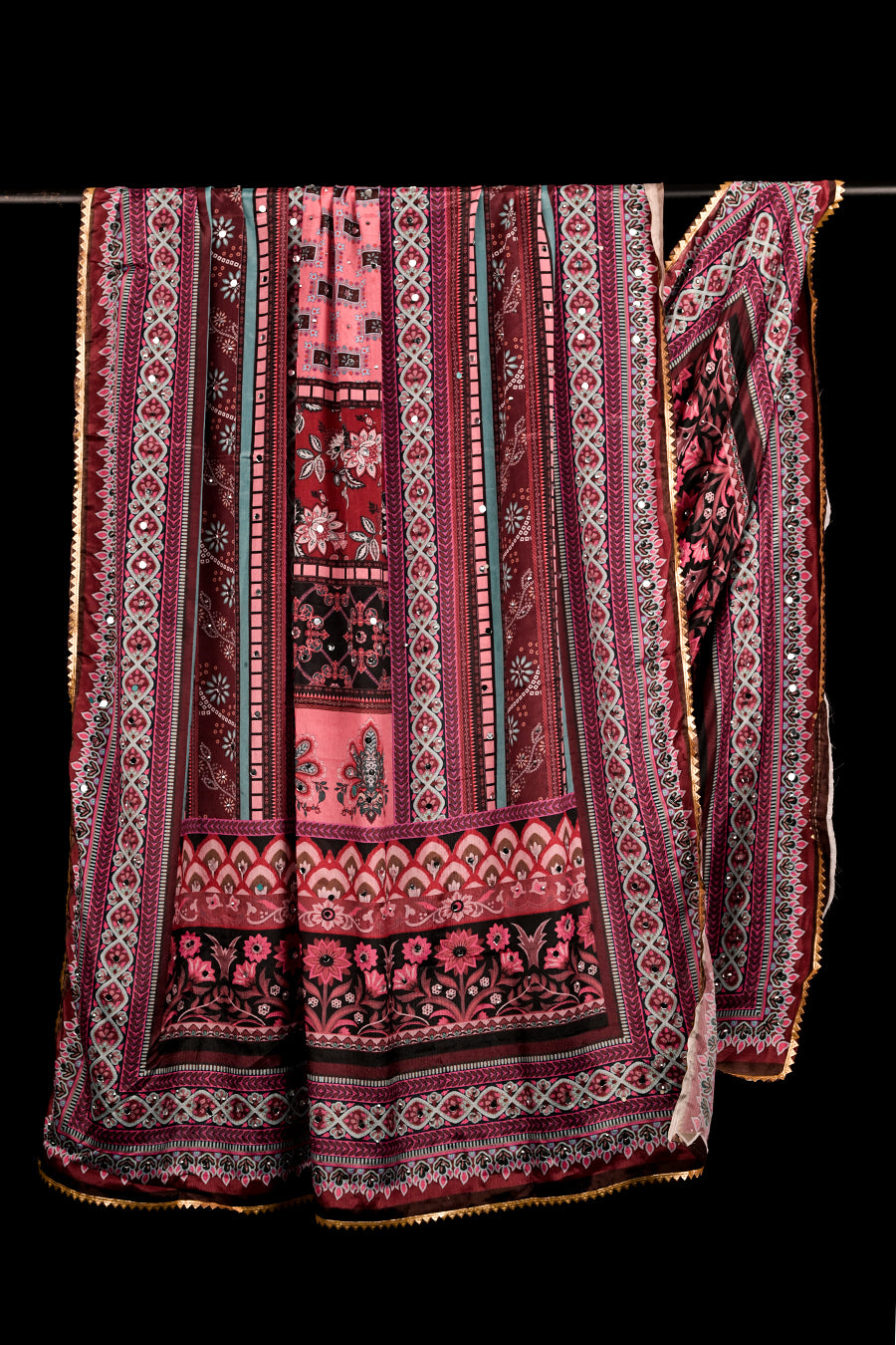 FBDUP-33 Chinnon Dupatta with Digital Print, Stone & Mirror Work, and Lace Border