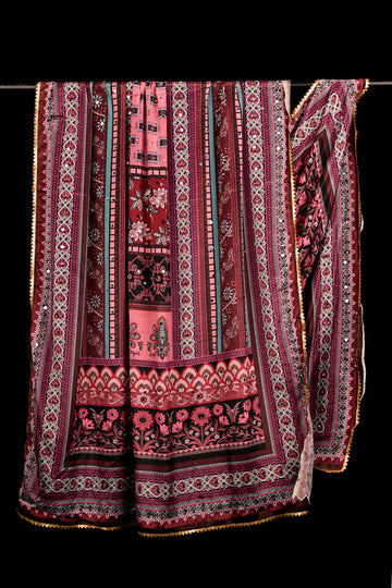 FBDUP-33 Chinnon Dupatta with Digital Print, Stone & Mirror Work, and Lace Border