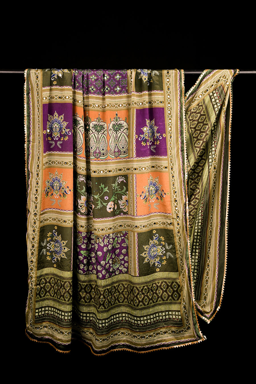 FBDUP-34 Chinnon Dupatta with Floral Block Motifs, Paisley Accents & Traditional Border