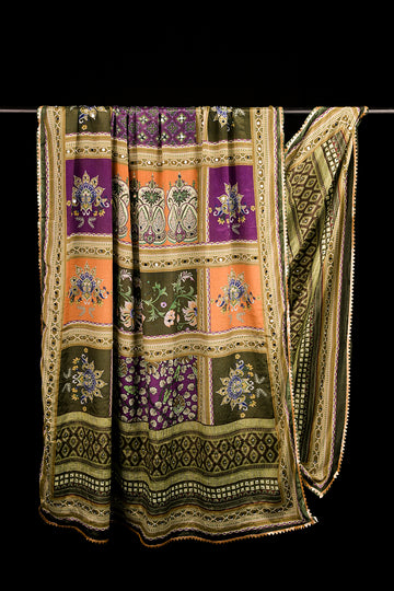 FBDUP-34 Chinnon Dupatta with Floral Block Motifs, Paisley Accents & Traditional Border