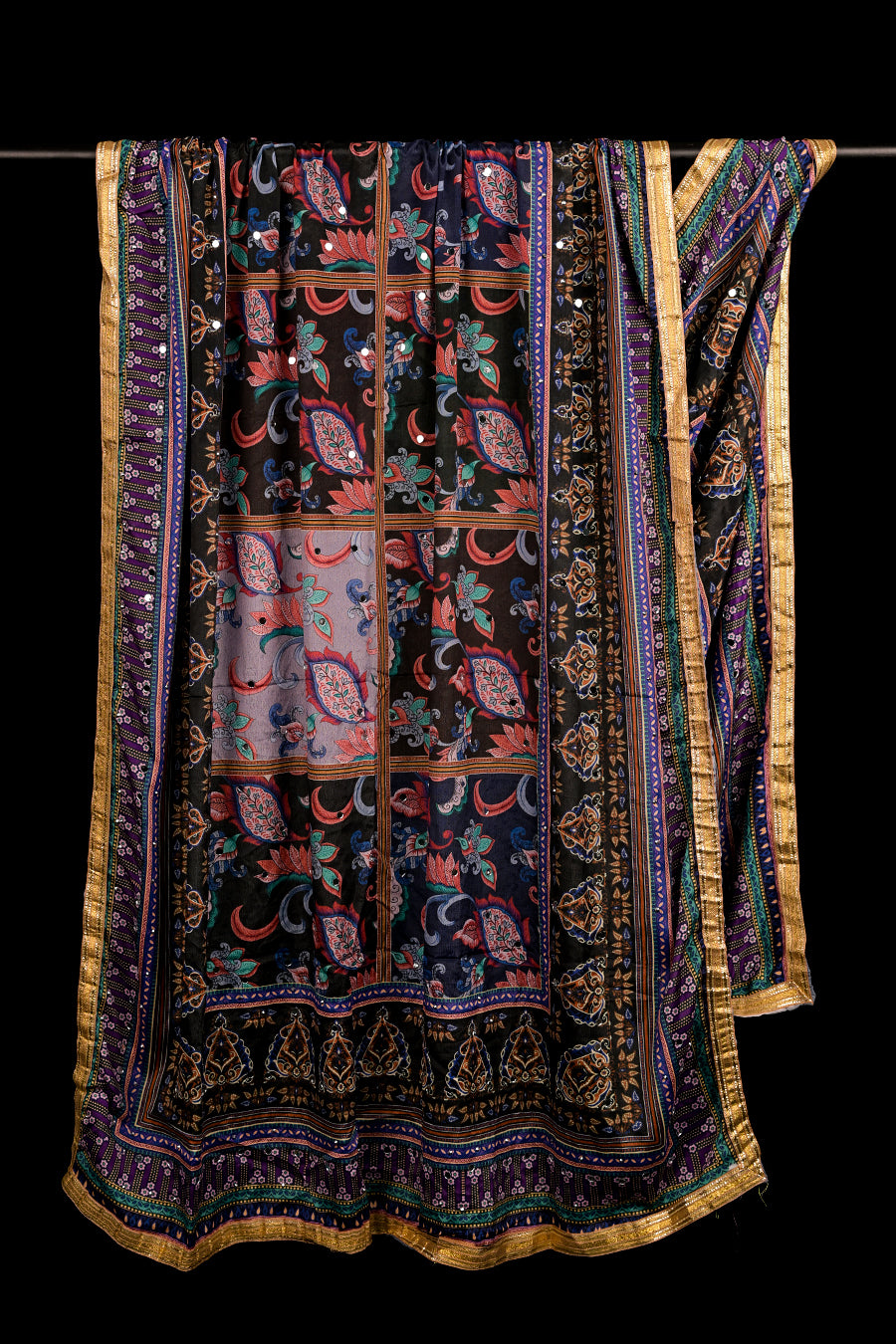 FBDUP-37 Chinnon Dupatta with Patch-Style Floral Motifs, Mirror Accents & Golden Border