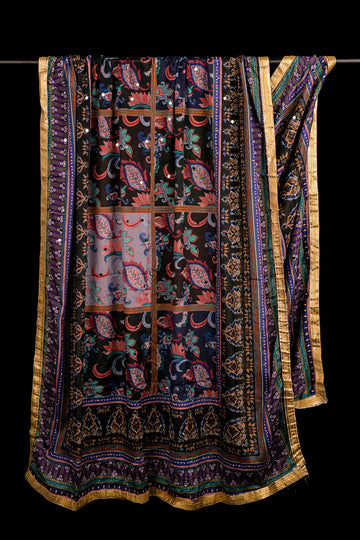 FBDUP-37 Chinnon Dupatta with Patch-Style Floral Motifs, Mirror Accents & Golden Border