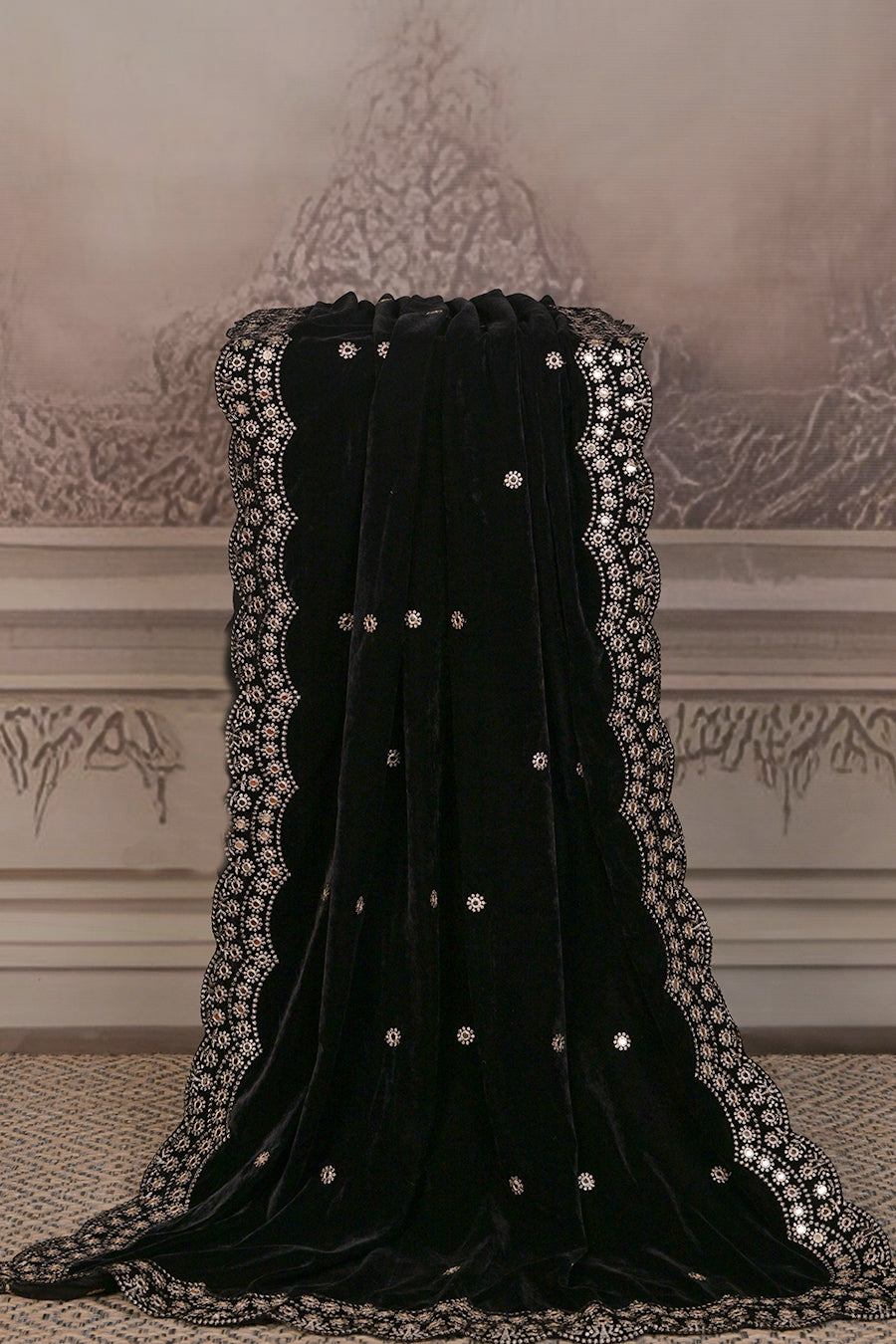 FBDUP-39 Premium Micro Velvet Dupatta with Scalloped Embroidered Border & Floral Motifs