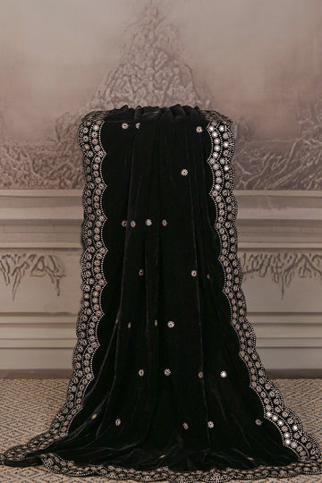 FBDUP-39 Premium Micro Velvet Dupatta with Scalloped Embroidered Border & Floral Motifs