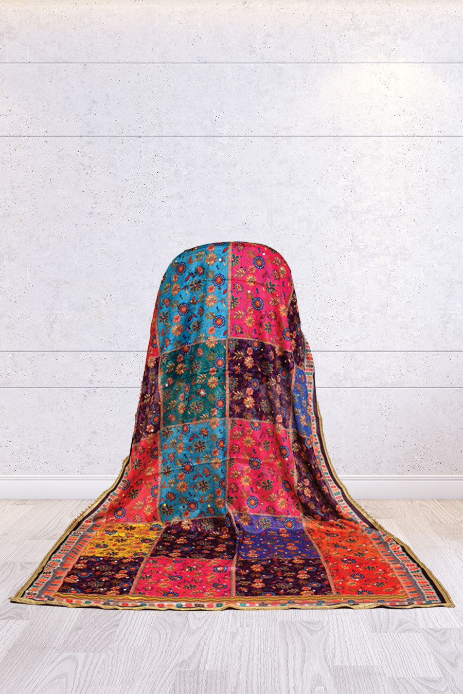 FBDUP-44 Multicolour Patchwork Chinnon Dupatta with Floral Motifs & Zari Border
