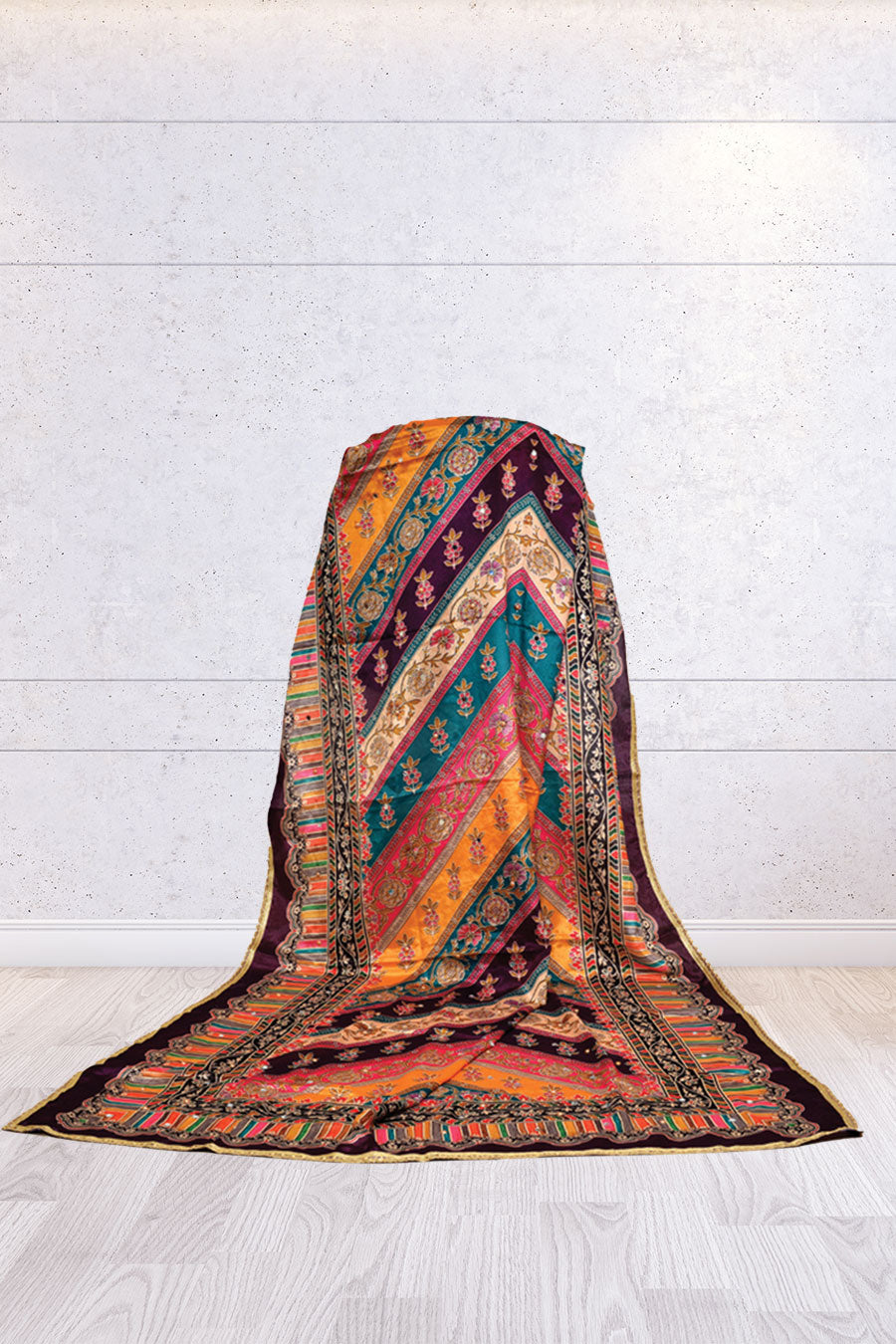 FBDUP-48 Multicolour Stripe Print Chinnon Dupatta with Gold Zari Border