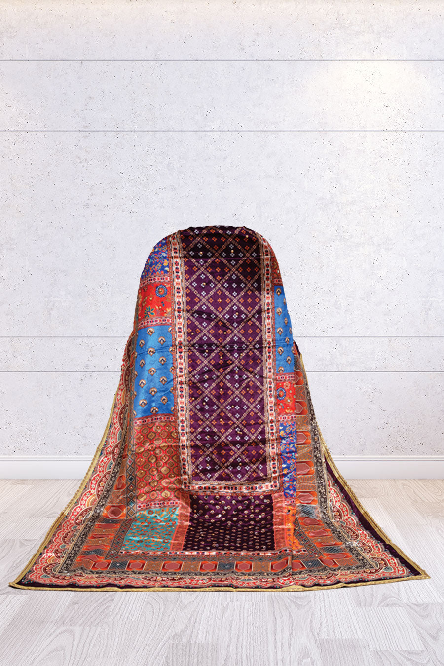 FBDUP-49.                   Multicolour Patchwork Print Chinnon Dupatta with Traditional Motifs