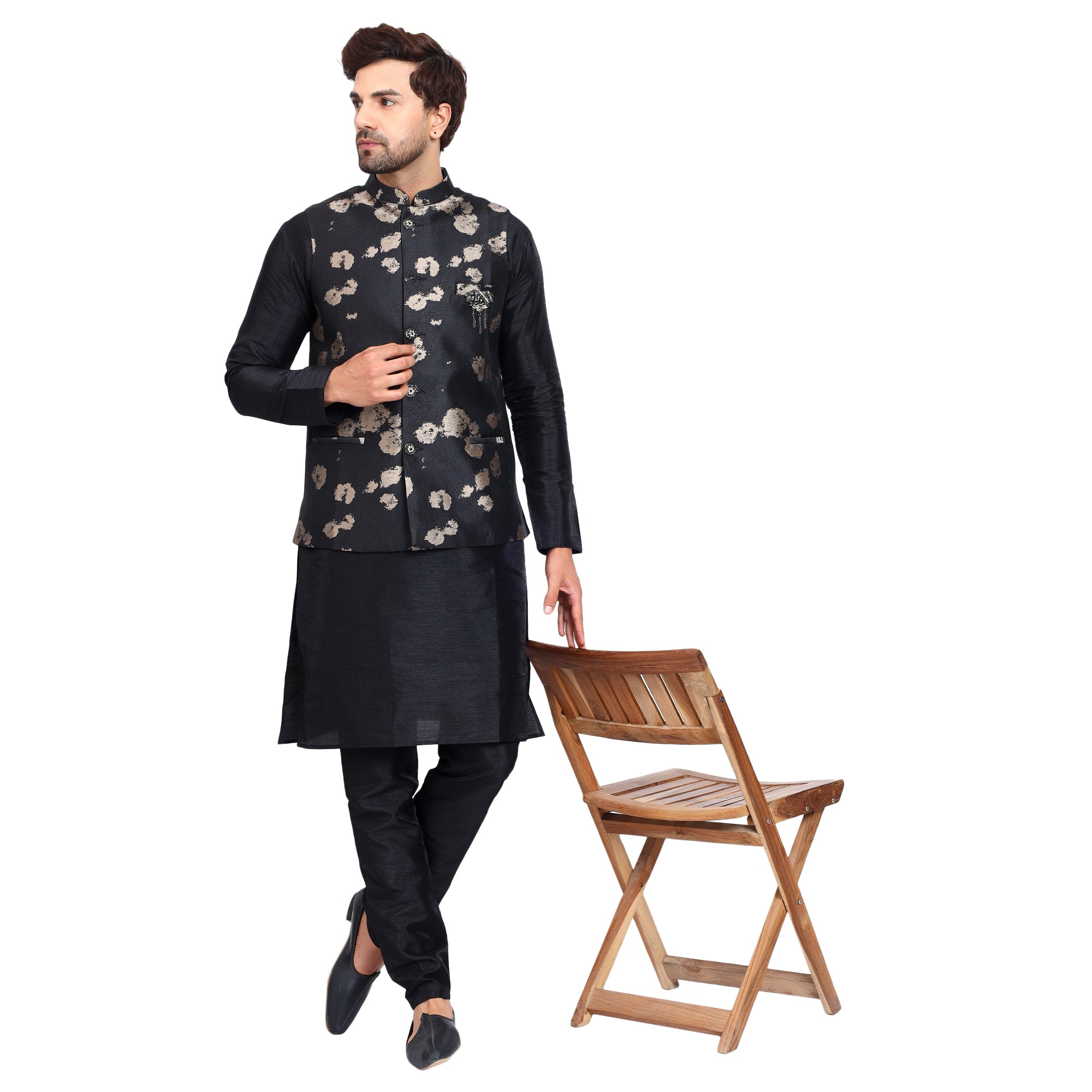 FBJK-71. Men’s Luxury Black & Gold Textured Finish Jacquard Waistcoat