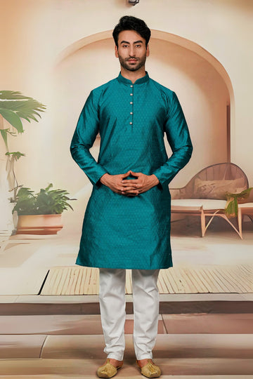 FBMS-288. Fabeha | Men's Sea Green Premium Textured Jacquard Kurta Pyjama | Tailored Set
