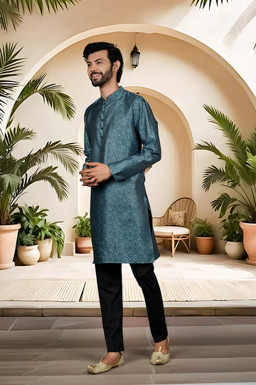 FBMS-289. Fabeha | Men's Steel Blue | Premium Textured Jacquard Kurta Pyjama | Tailored Set