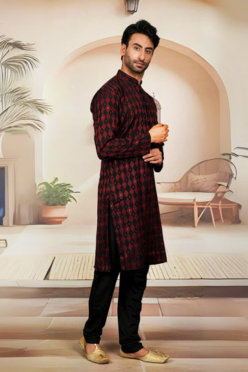 FBMS-290. Fabeha | Men's Black & Burgundy | Premium Textured Cut-Work Jacquard Kurta Pyjama
