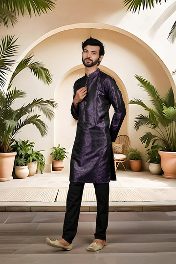 FBMS-291. Fabeha|  Men's Regal Purple Premium Textured Jacquard Kurta Pyjama | Tailored Set