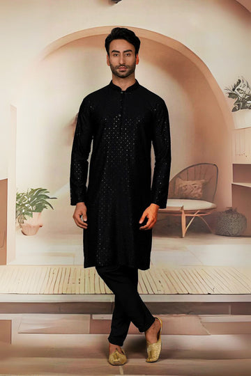 FBMS-294. Fabeha | Men's Navy Soft Viscose Chikan & Sequin Kurta Pyjama | Tailored Evening Set