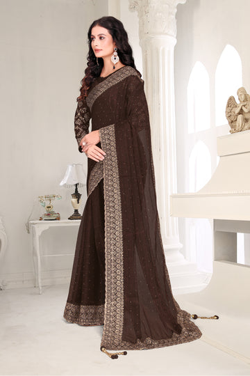 FBSR-727 Textured Shimmer Chiffon Saree | Heavy Zari Border & Micro Crystals | Affordable Luxury