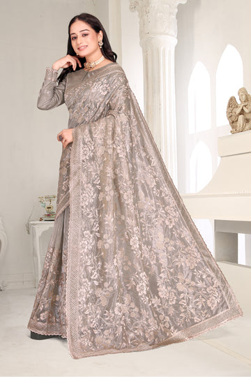 FBSR-731 Premium Twill Net Saree | Golden Floral Zari & Micro Crystals | Affordable Luxury