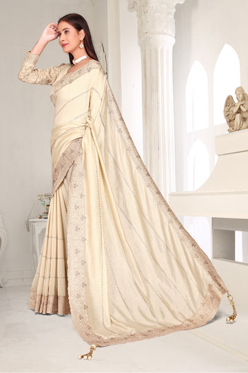 FBSR-732 Soft Vichitra Saree | Gold Embroidery & Linear Micro Crystals | Affordable Luxury | Fabeha Prêt