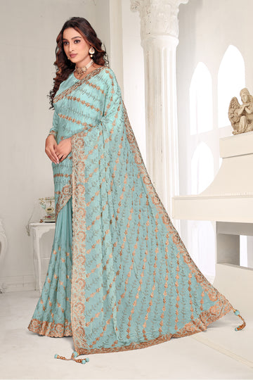 FBSR-734 Premium Fandy Chiffon Saree | Diagonal Zari & Micro Crystal Stones | Affordable Luxury