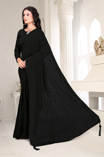 FBSR-737 Jet Black | Premium Viscose Georgette | Resham & Pearl Detailing with Tassels | Fabeha Prêt