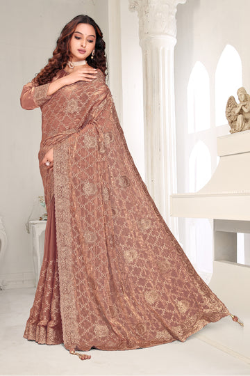 FBSR-740 Vintage Royalty Embroidered Saree | Lux Fandy Satin | Scalloped Zari Work | Fabeha Prêt