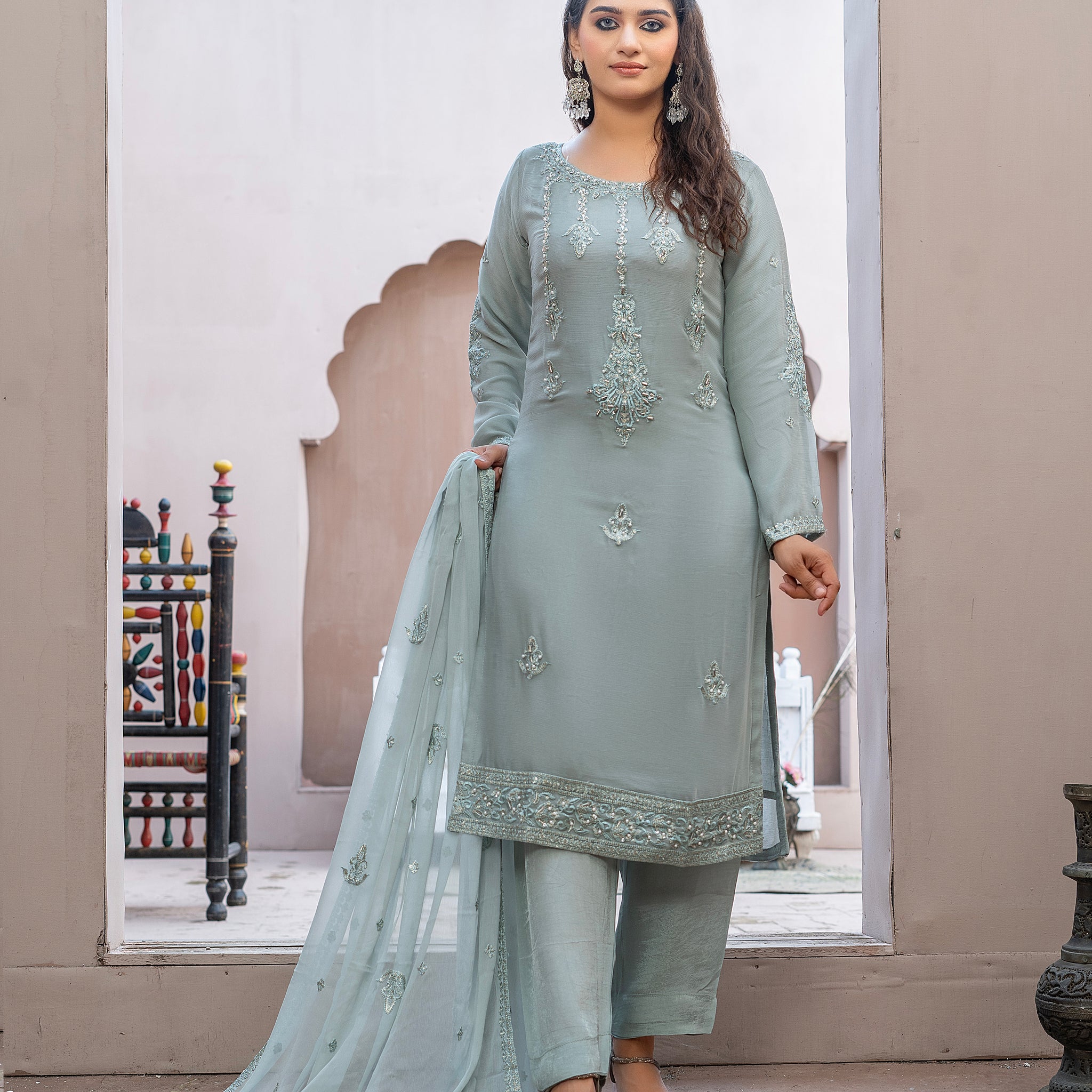 LS-2827.                         Premium Embroidered Chiffon Pakistani Suit | Fabeha