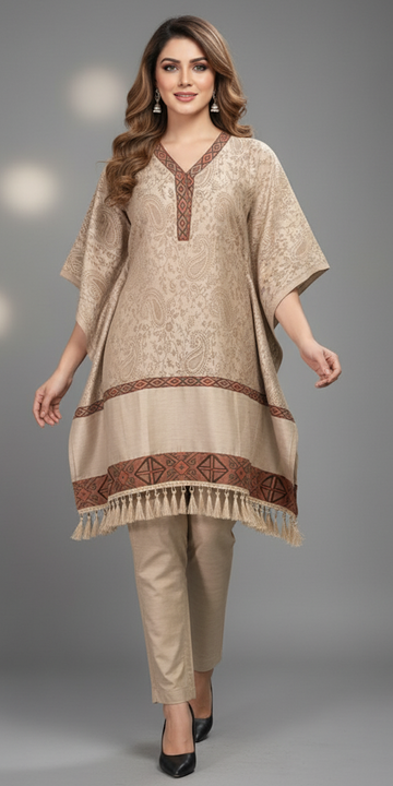 FBRS-1006 Affordable, Iconic Luxury | Light Taupe Pashmina Kaftan Set | Ready-to-Wear | Premium Woven | Jacquard Paisley