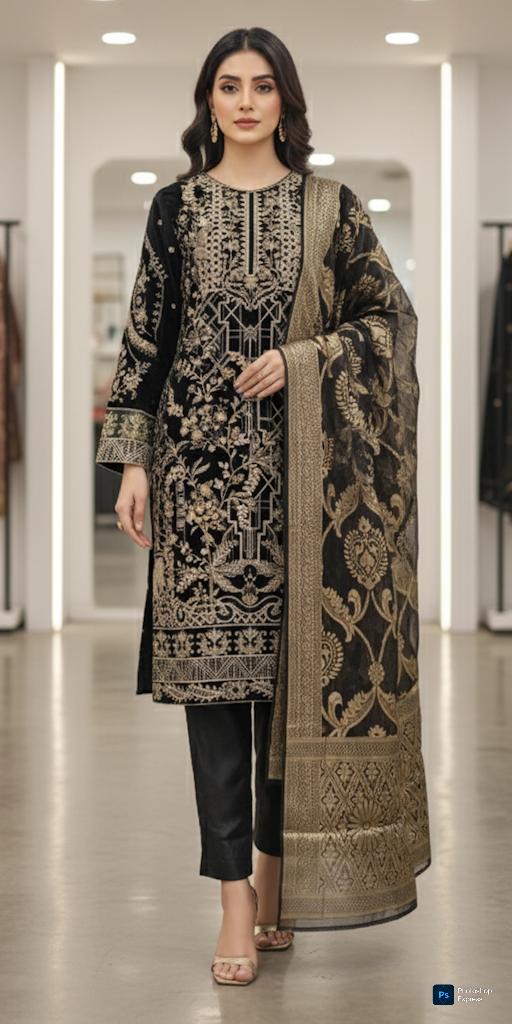 LS-2037-B Black Onyx Velvet Embroidered Suit | Gold Zari & Thread Work | 3-Piece Festive | Shop Now!