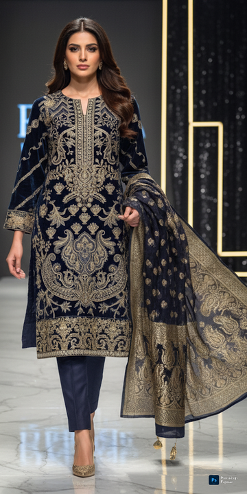 LS-2037 Royal Navy Sapphire Velvet Suit | Intricate Gold Embroidery | 3-Piece Festive Collection | Shop Now!