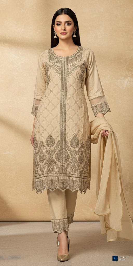 LS-2146 Ready-to-Wear Linen Suit | Embroidered 3-Piece | Chic Casual & Elegant
