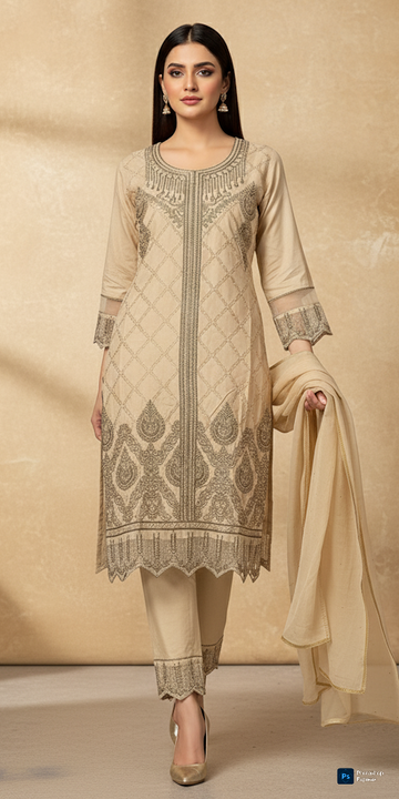 LS-2146 Ready-to-Wear Linen Suit | Embroidered 3-Piece | Chic Casual & Elegant